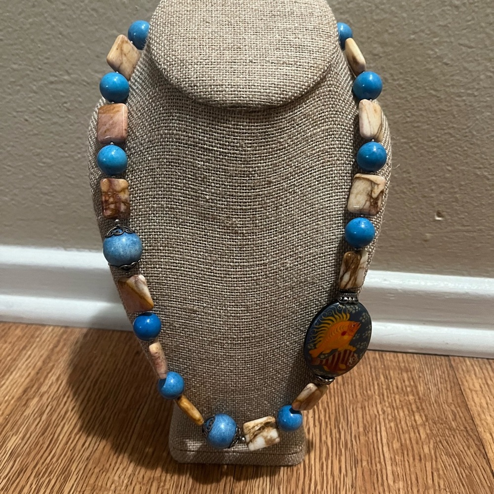 AKR Gemstone Necklace with 925 Clasp and Hand Painted Fish